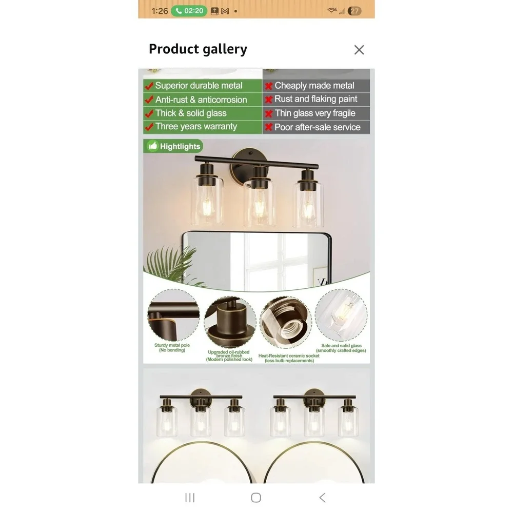3-Light Bathroom Light Fixtures, Brown and Gold Bathroom Wall Lights, Modern ...